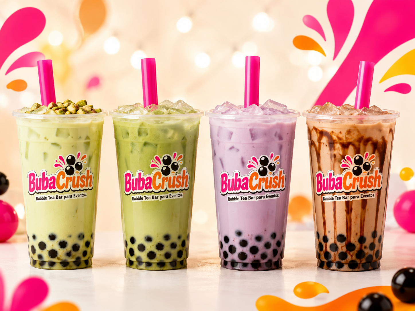 Bebidas estelares de BubaCrush preparadas: pistache, matcha, taro y chocobomba